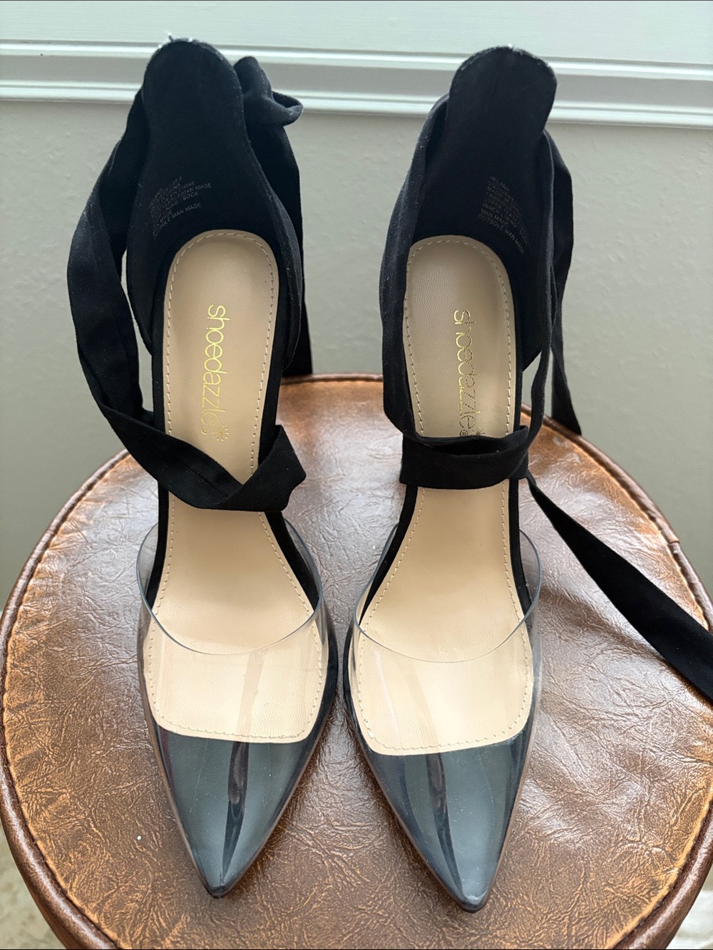 Black Pointed Ankle-Tie Stilettos with Clear Panel